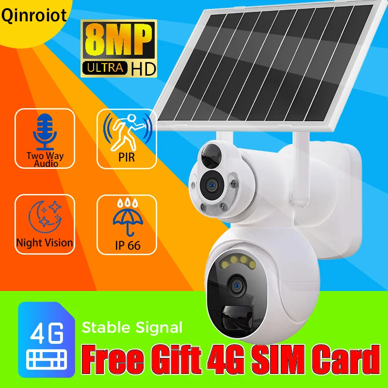 8MP 4G SIM /WIFI PTZ Dual Lens Solar Camera Security Outdoor Wireless Low Power Recording Humanoid Tracking Color Night Vision