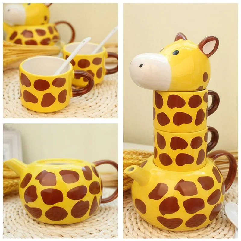 1Set Creative 3D Giraffe Animal Mug Teapot Hand-painted Ceramic Cup With Lid Spoon Coffee Milk Tea Cup Brithday Gift For Friends