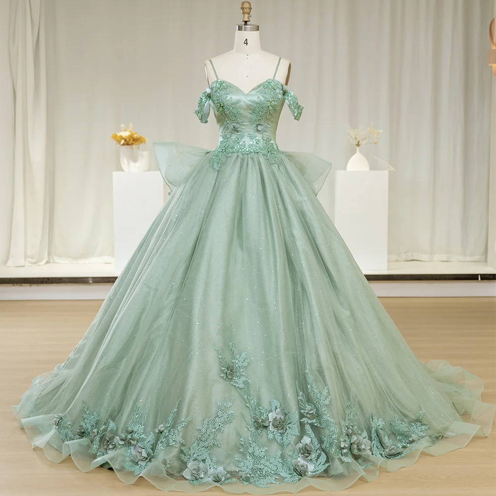 CCApproach-Robe de Quinceanera verte avec appliques en dentelle, perles, col en V, bretelles spaghetti, boule, 15 ans, 2024