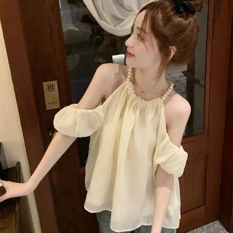 Perłowa bluzka na ramiączkach typu halter, damska, letnia, nowa, słodka, bez ramiączek, z bufiastymi rękawami, w stylu koreańskim, do biura, damska.