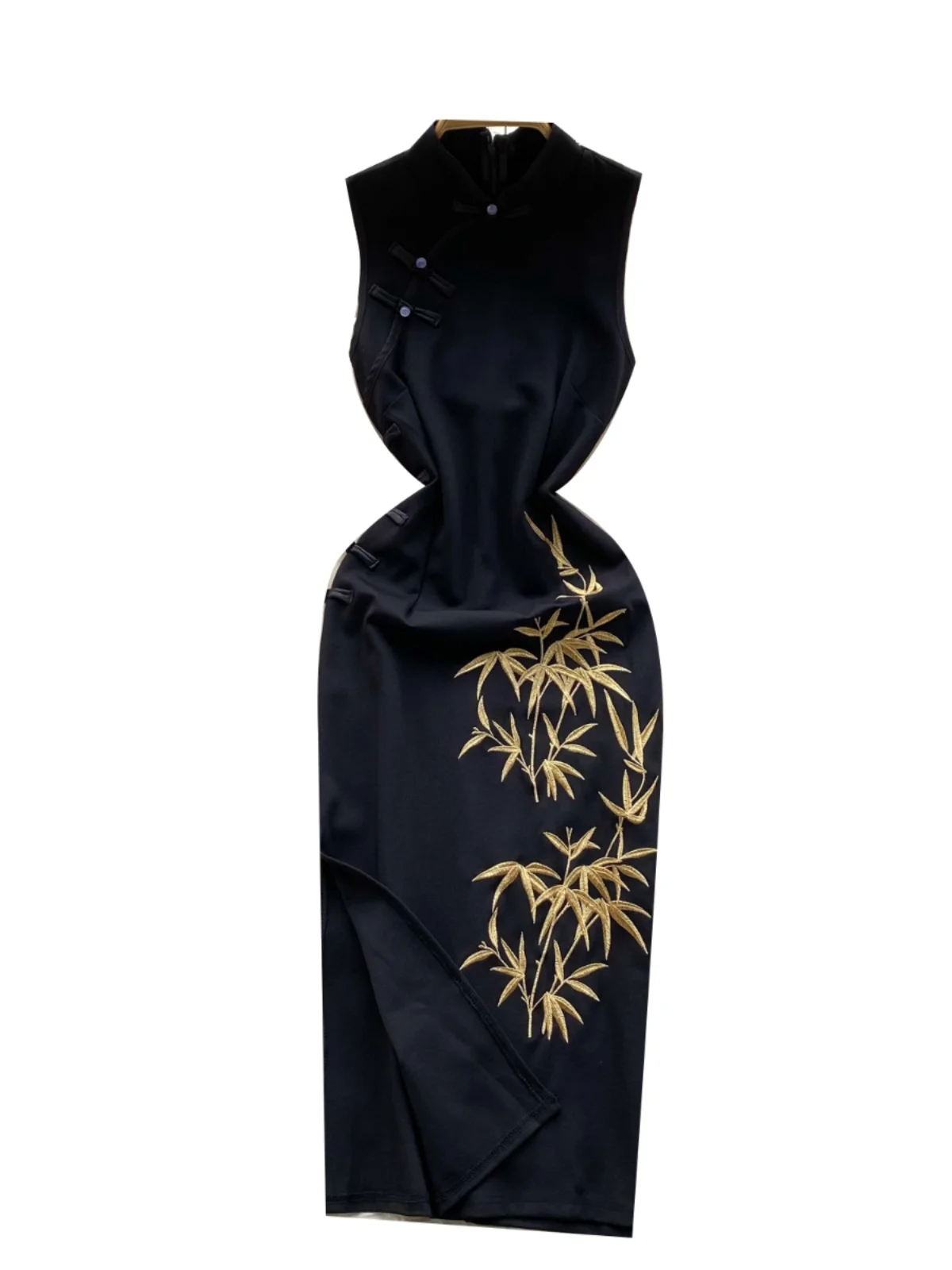 Vestido Bodycon Estampado F Estilo Tang Retrô Chinês com Botões, Fenda Lateral, Gola Alta e Sem Mangas, Efeito Emaec...