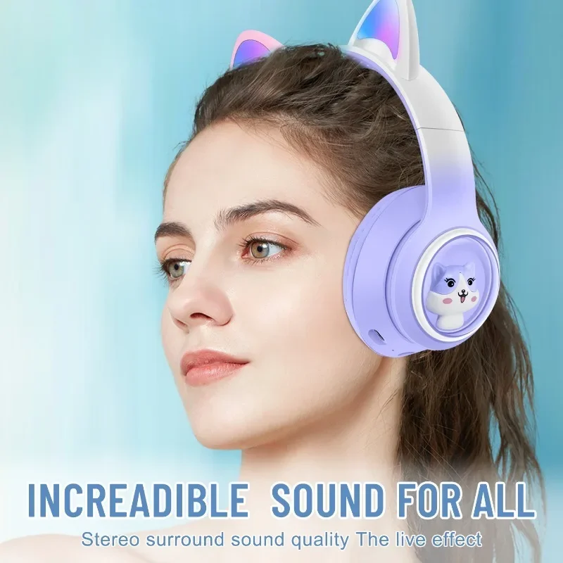 AKZ-02 Wireless Bluetooth Cute Cat Ear Gradient Color Headphones HD Mic RGB Lighting