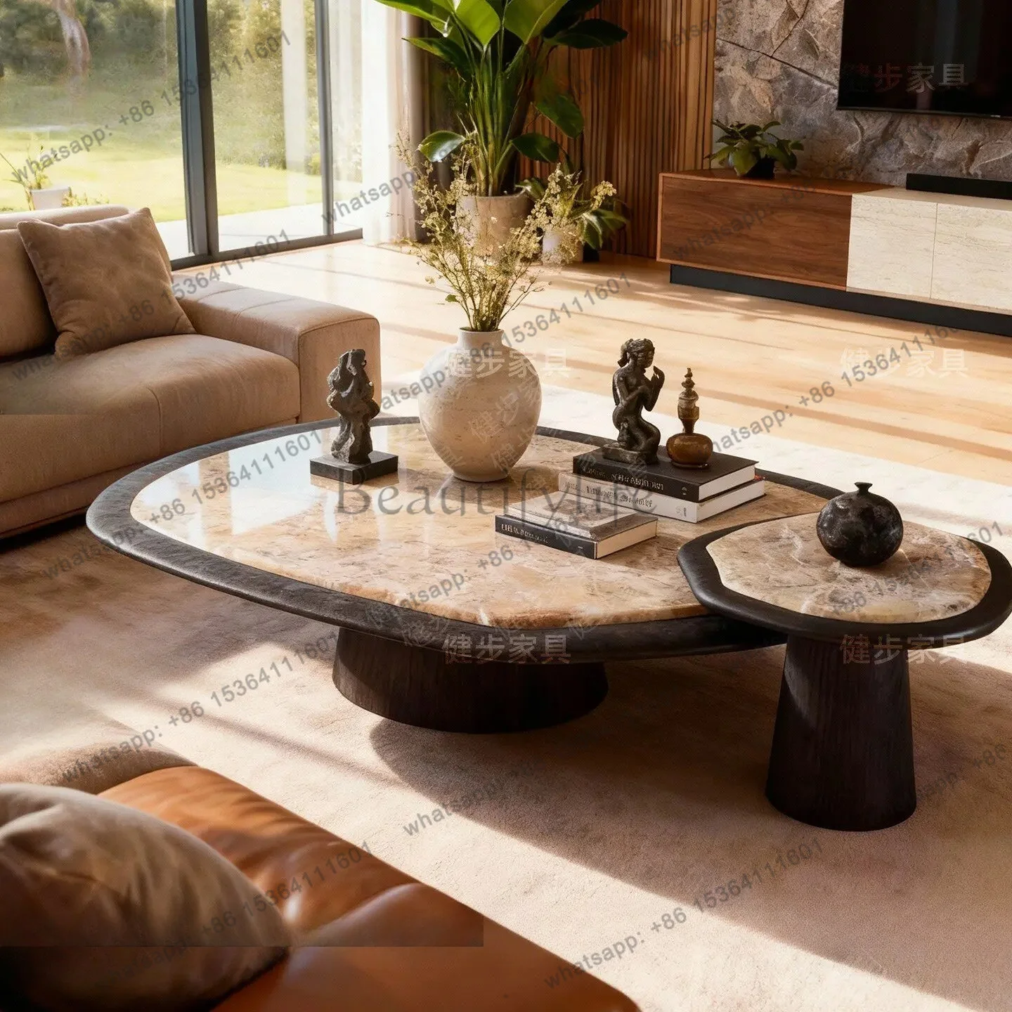 YJ Luxury Natural Marble Round Coffee Table Set for Living Room Oval Movable Stone Nesting Tables