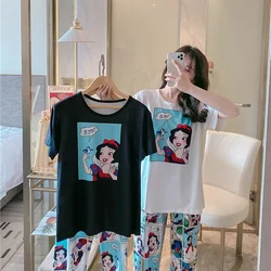 Pajama Women's Summer Thin Round Neck Short Sleeved+long Pants Snow White Mickey Cartoon Casual Home Suit Set