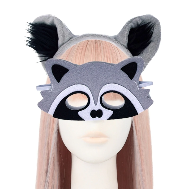 652F 3Pcs Raccoon Costumes for Boys Girls Cosplay Raccoon Ears Headband Tail Eyemask Animal Fancy Costume Accessories Kit