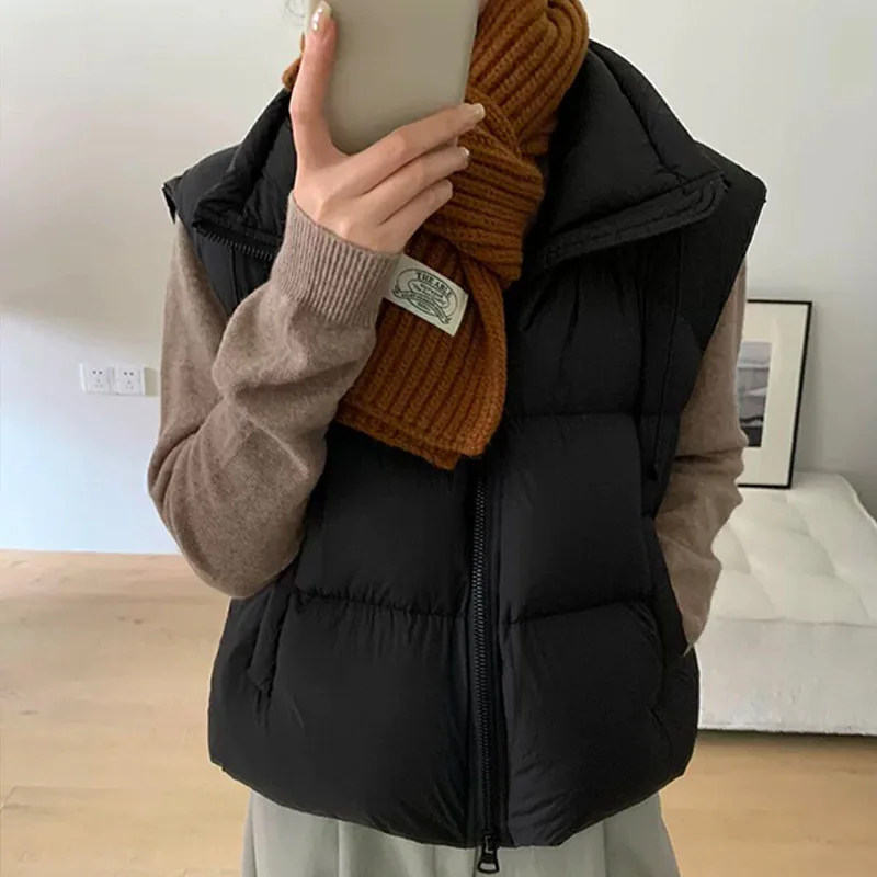 Autumn Winter Stand Collar Drawstring Down Vest Female Double Zipper Warm Waistcoats Women White Duck Down Sleeveless Puff Vests