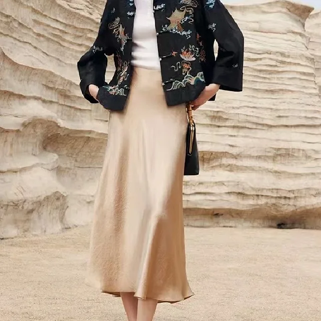 

Dave&di 2026 Summer Elegant Wrinkle Satin Triacetic Acid Blended Fish Tail Half Skirt Skirt Woman Clothing Faldas Skirts
