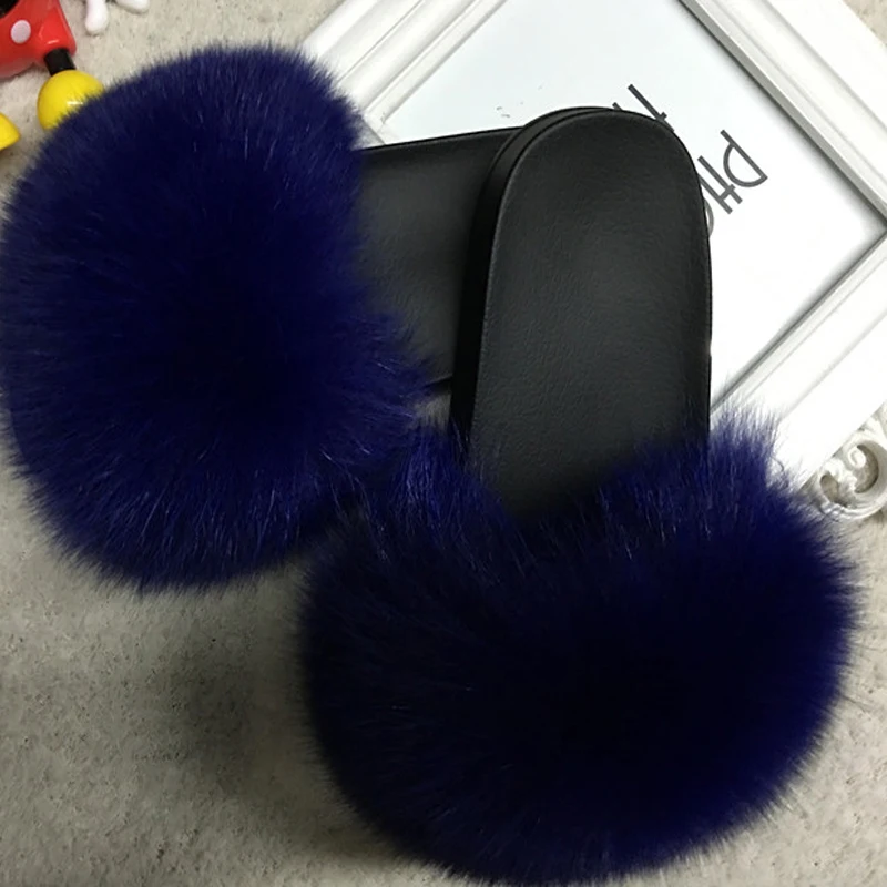 Summer Fox Fur Slides Fluffy Women Designer Luxury Cute Plush Real Fur Slippers Female Furry Sandals Home Flats Wholesale