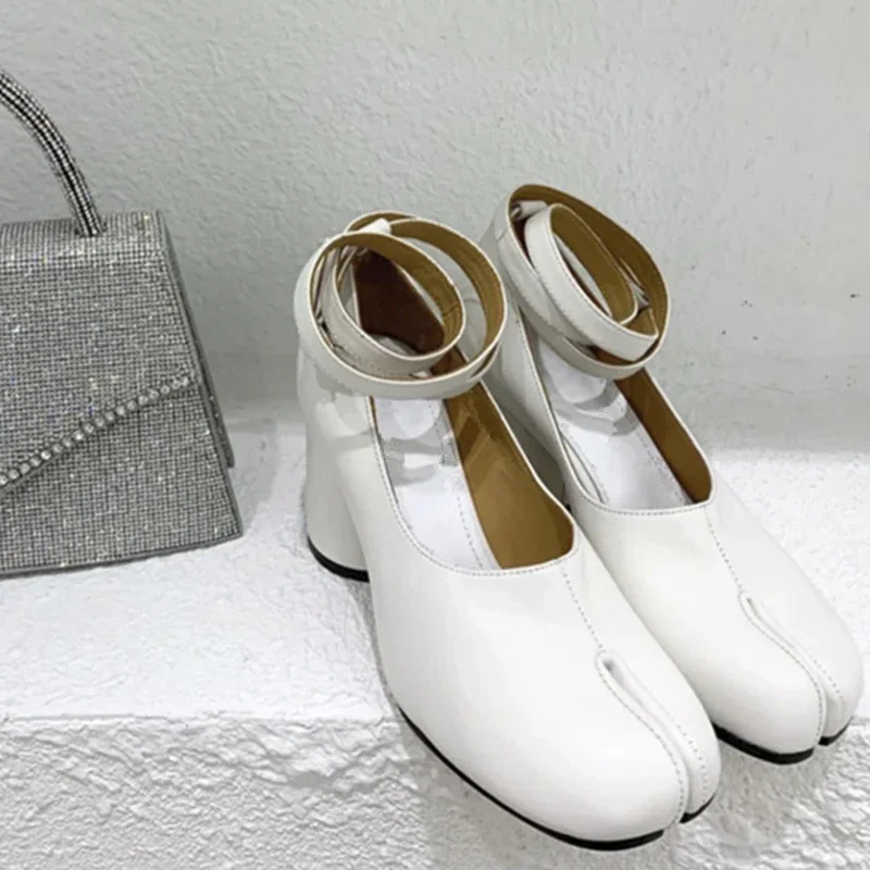 2026 Vintage Spring Fashion Split Toe Women Pumps Chunky Round Strap Buckle High Heels Red Leather Brand Design Shoes Female view 5