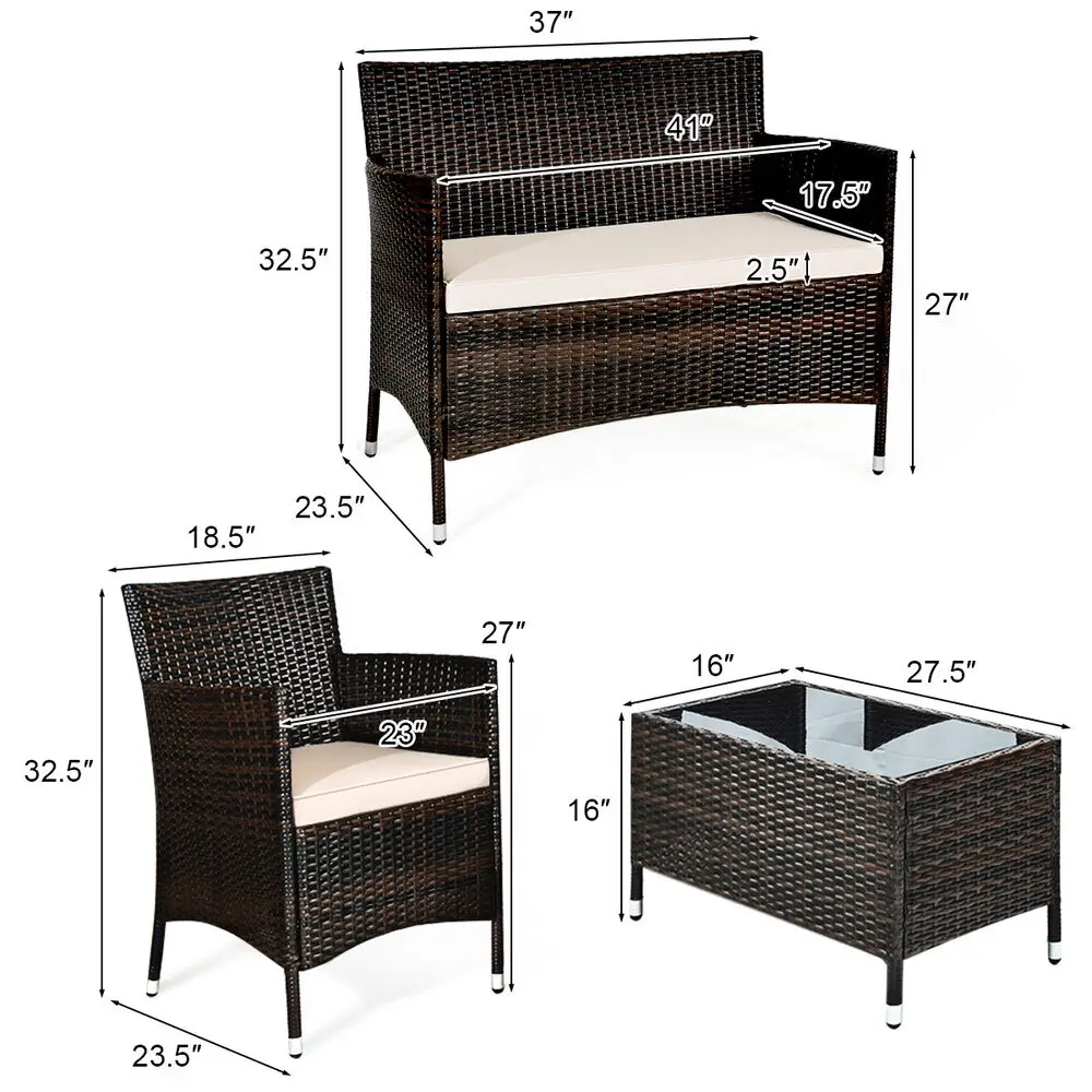 4 Pieces Rattan Patio Furniture Set Cushioned Sofa Chair Coffee Table for Garden