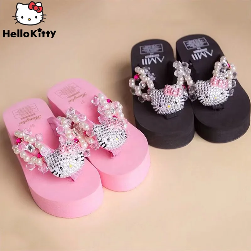 Hello Kitty Sanrio Soft Flip Flop Sandals Y2k Beach Slides Shoes Women Casual Wedge High Heels Platform For Slippers Ladies Gift