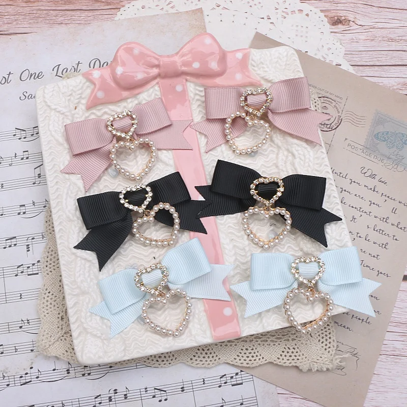 1 Pair Lolita Style Hairclips Y2K Girl Heart Bow Side Hairpin Ribbon Bowknot Hair Clip Set of 2 Women's Hair Accessories