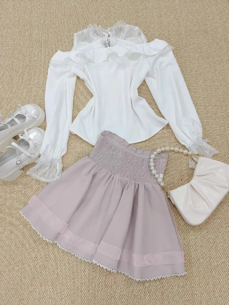 Japanese Sweet Kawaii Skirt Sets Women Elegant Ruffles Off Shoulder Lace Bow Shirt + Y2k Aesthetic Mini Skirt Lolita 2 Piece Set