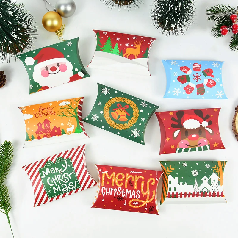 12Pcs Christmas Pillow Shape Candy Box Merry Christmas Decoration Cartoon Gift Box Packging Kids Favors 2024 New Year Navidad