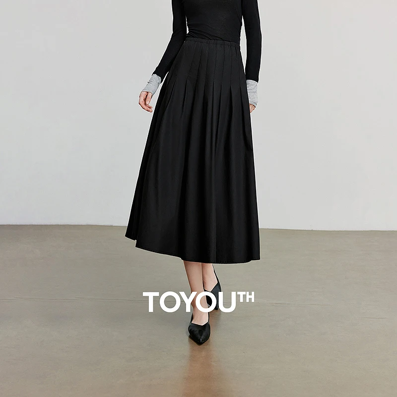TOYOUTH Women Midi Skirts 2025 Autumn New Pleated Design Lyocell Elastic Waist Minimalist A-line Skirts