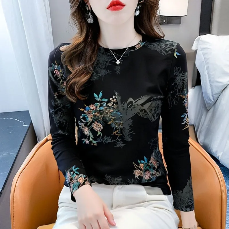 Women Floral Print Long Sleeve T Shirt Autumn Soft Cotton Slim Elegant Mom Basic Blouse Top