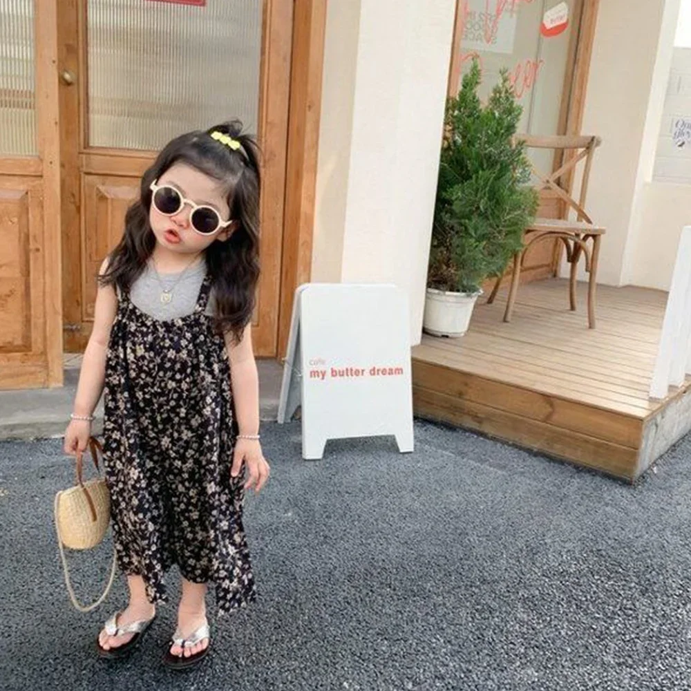 Kids Girls Wide Leg Pants Floral Print Overalls Children\'s Clothing Casual Summer Baby Girls Loose Overalls Girls Pants