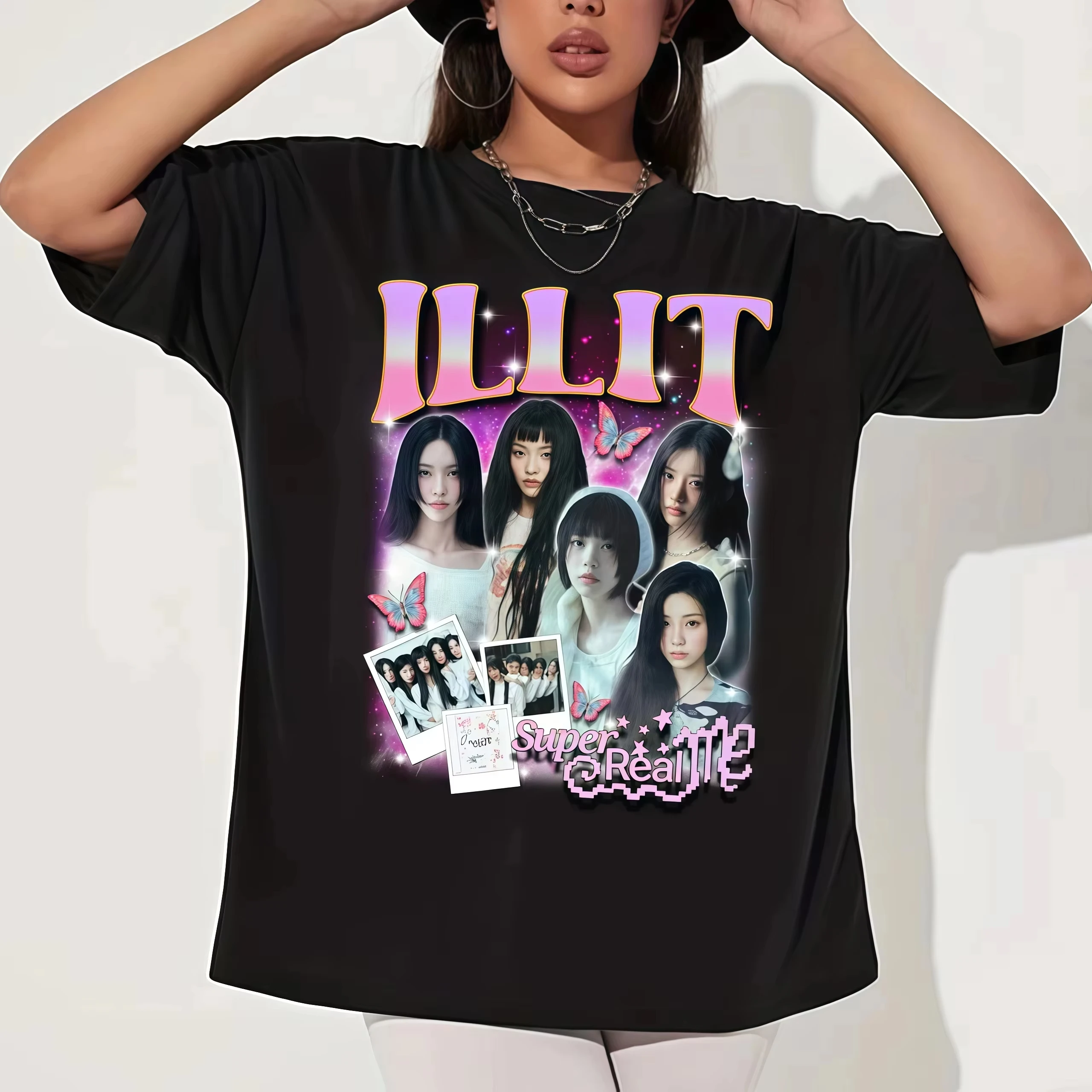 2026 Vintage ILLIT Kpop Cotton T-shirt ILLIT Super Real Me T-shirt Fan Support Summer Tour Men's Women's Oversized Clothing Tops