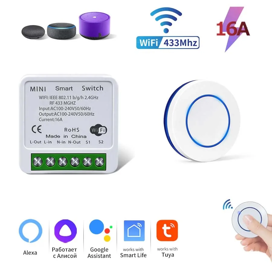 

Tuya RF433+WIFI 16A Smart Switch Wireless Switch and RF433 Remote Control Switch Used in Conjunction with Alexa Google Home