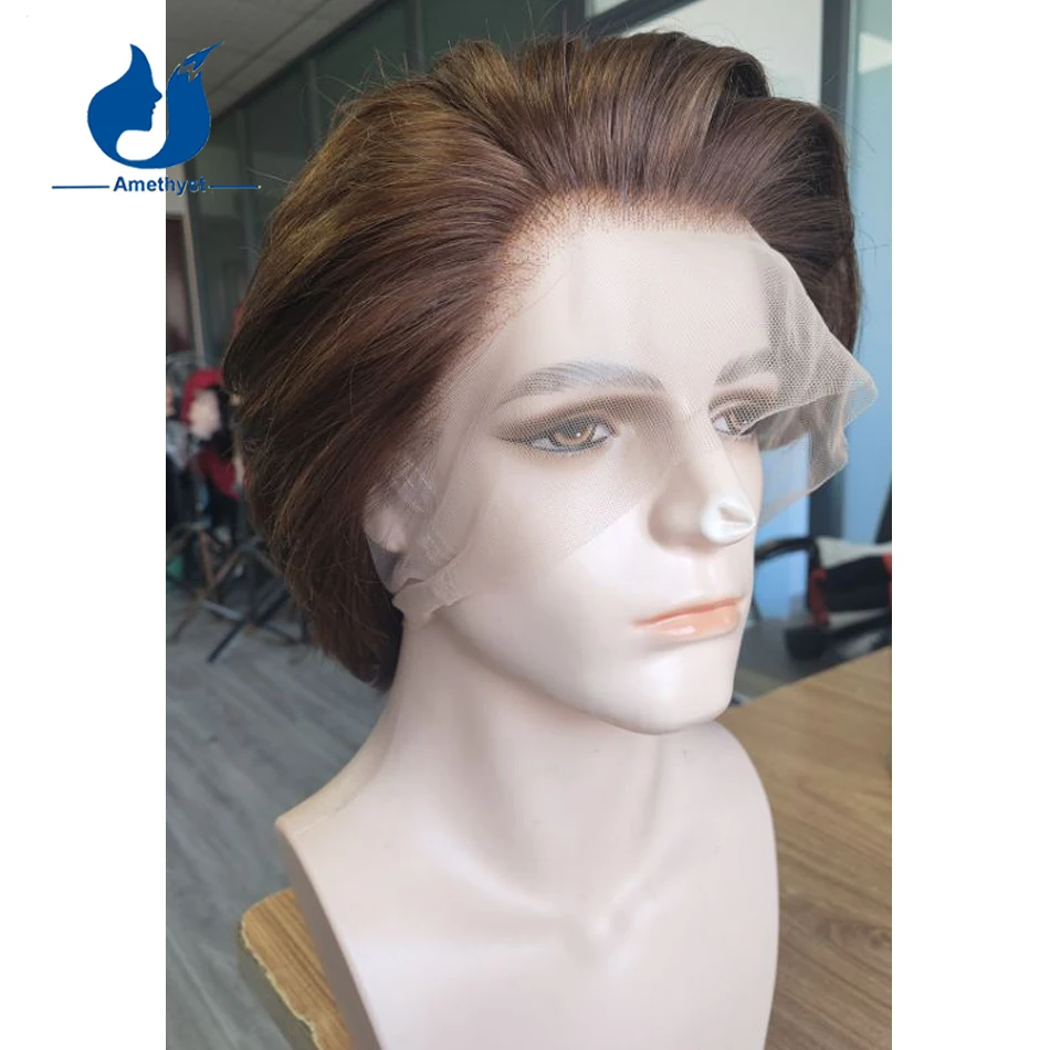 Amethyst Pre Styled Brown Color Short Straight Pixie Cut Full Lace Wig Brazilian Remy Human Hair Pre Plucked for Men Bleached