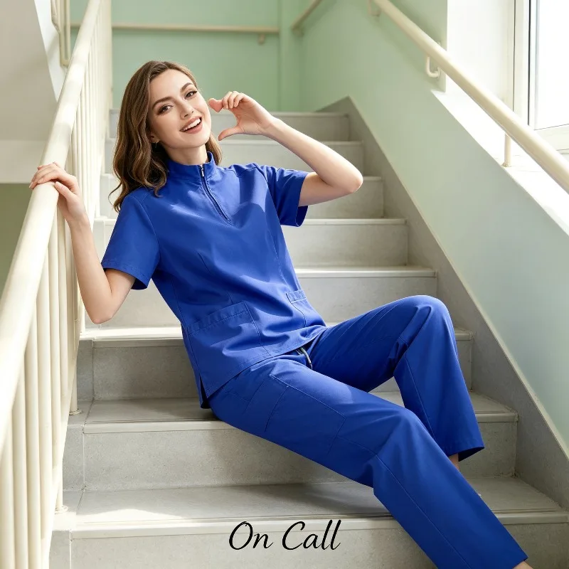 2-Piece Breathable Scrub Suit Multi-Pocket Top & Cargo Pants for Veterinary Clinic Pet Grooming Staff Uniform