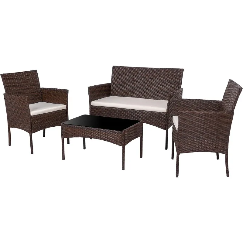 4Piece Outdoor Patio Furniture Sets, Small Wicker Patio Conversation Furniture Rattan Chair Set with Tempered Glass Coffee Table