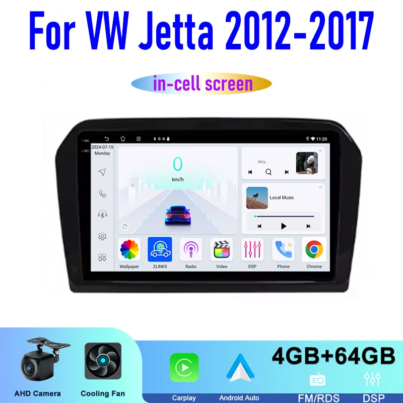 Auto radio 9'' Für VW Jetta 2012-2017 Stereo Head Unit Drahtlose Apple Carplay Android 15 Auto GPS Kamera Google karte WIFI 4-64GB