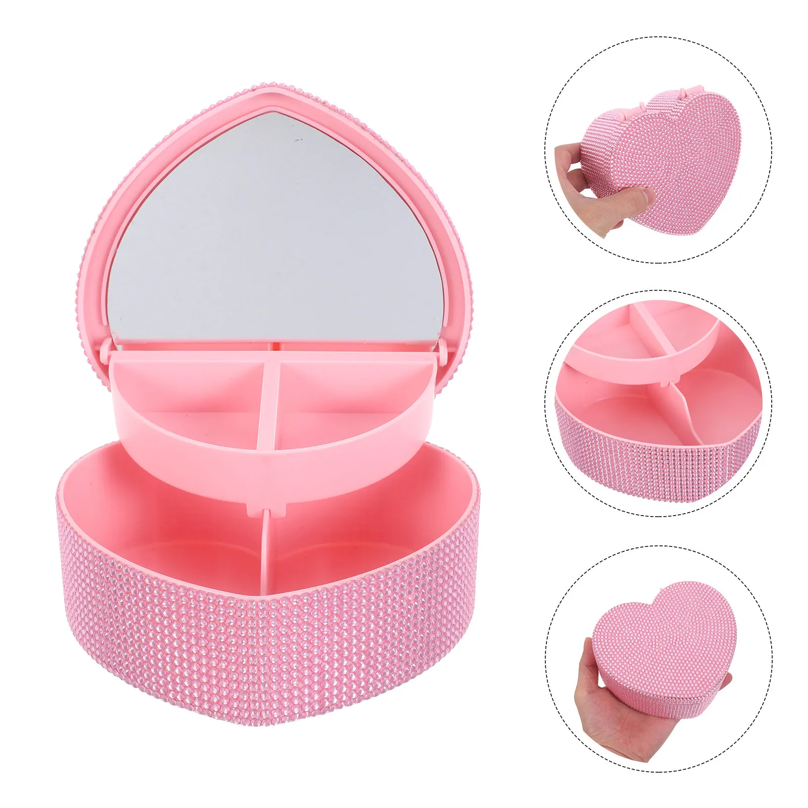 

Pink Heart Shape Jewelry Box Full Rhinestone Double Compartment Makeup Mirror Organizer for Earring Case Necklace Holder