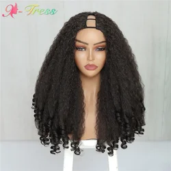 X-TRESS Afro Curly V Part Wig for Black Women Kinky Straight with Curly Ends Glueless No Leave Out Clip in Synthetic Half Wigs