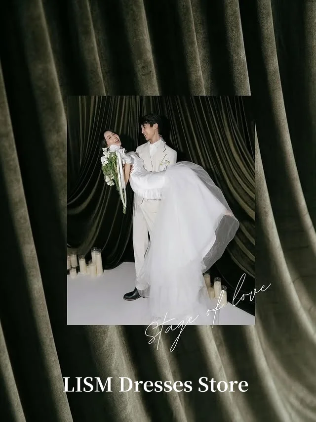 LISM 오프 숄더 머메이드 한국 웨딩 드레스 실크 Tulle Long 맞춤형 요정 신부 가운 웨딩드레스 사진 촬영 코르셋