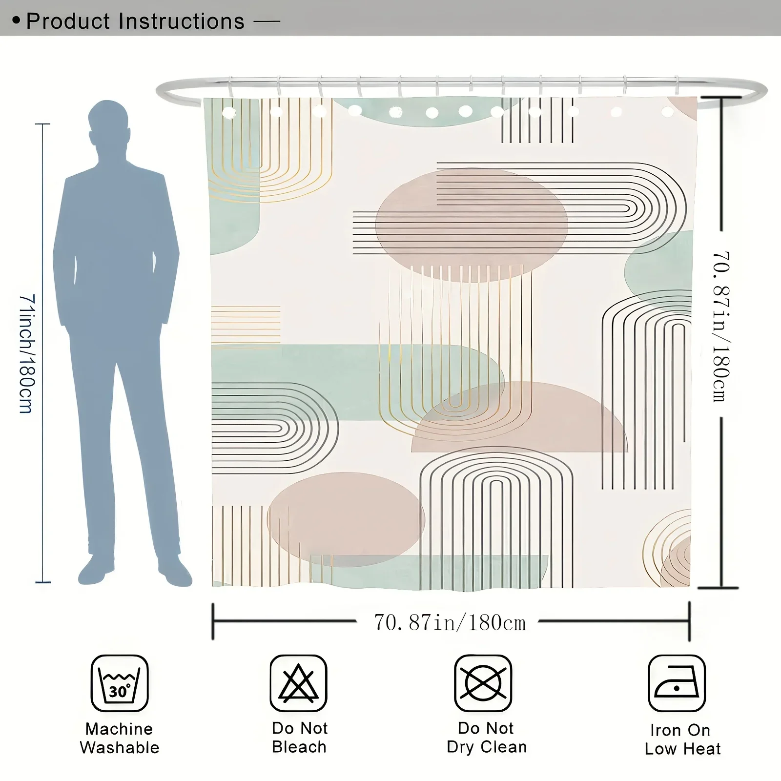 1 ستارة دش أنيقة بطباعة هندسية - بيج فاتح مع دوائر وخطوط ناعمة، بوليستر قابل للغسل في الغسالة، متضمنة الخطاف #5