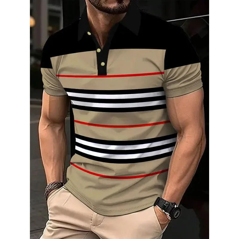Men's summer polo shirt with 3d stripes, high-quality printed business men's clothing, casual short-sleeved loose shirt, large T