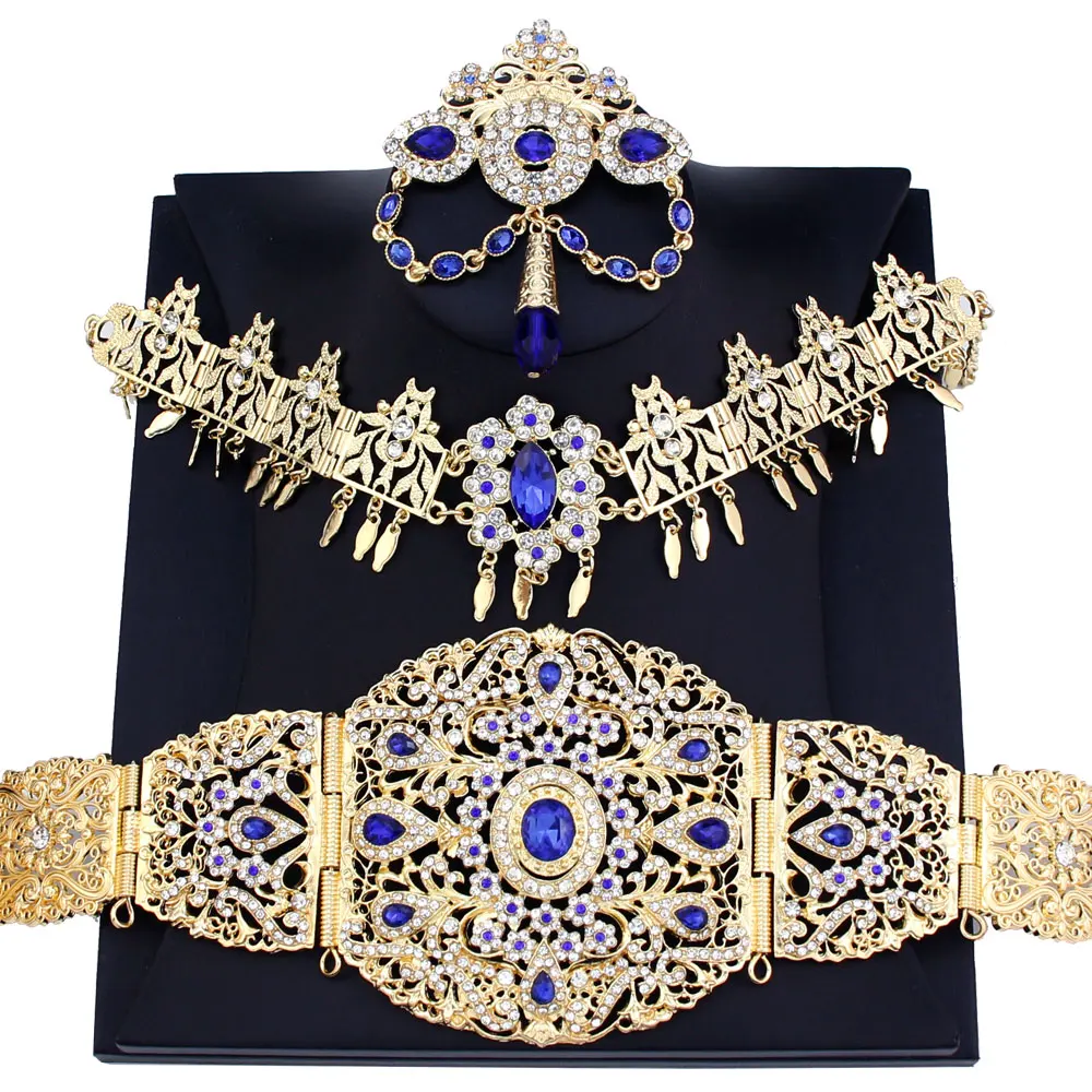 Sunspicems Chic Algeria Bride Jewelry Morocco Caftan Belt Women Forehead Chain Tiaras Brooch Sets Gold Color Crystal Body Chain