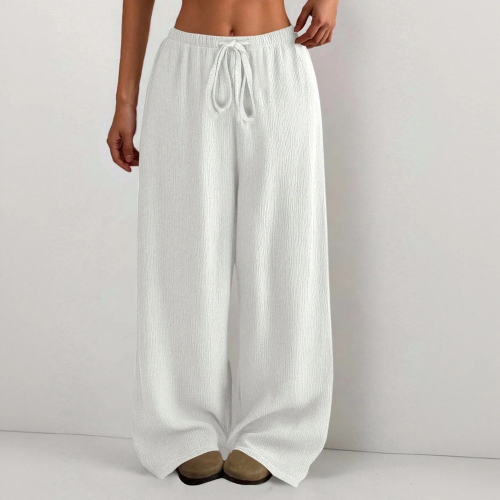 Ladies Pure Color Loose Treebark Wide Leg Casual Pants Long Trousers Drapey Waist Drawstring Comfortable