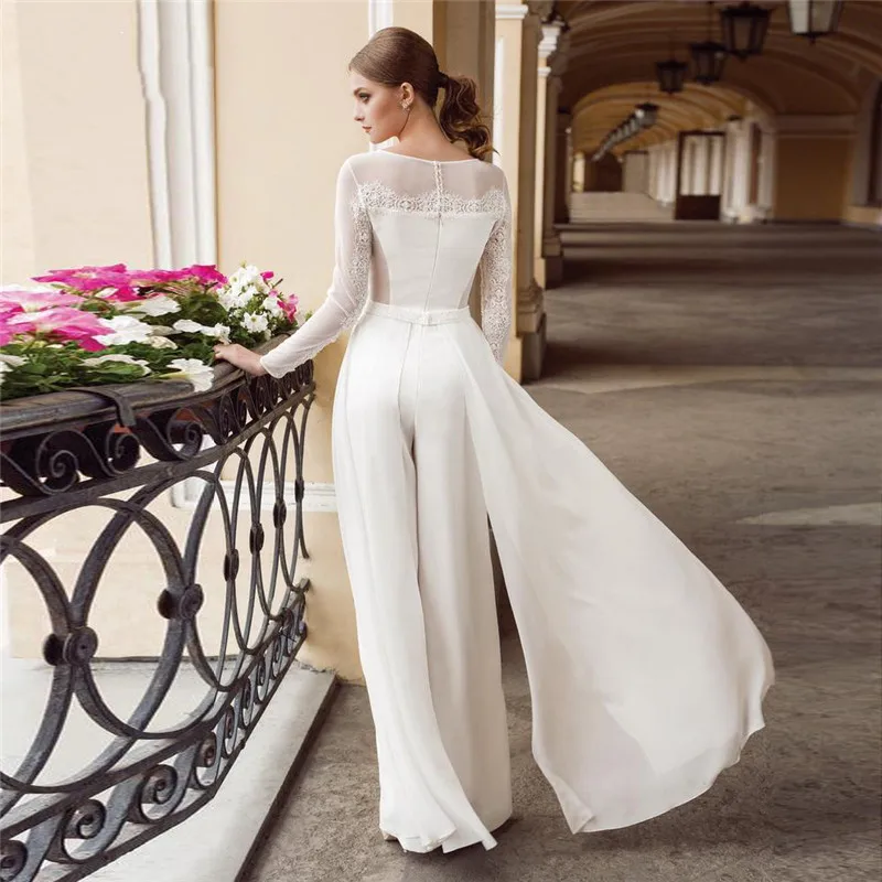 Detachable Jumpsuit Wedding Dresses Sheath Long Sleeves Appliques Beach Wedding Gown Bridal Dresses Vestido De Noiva Customized