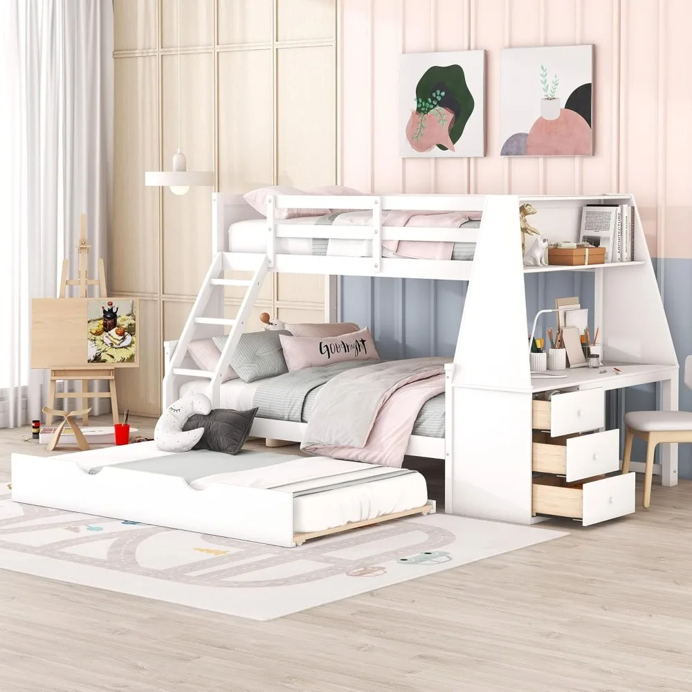 Bunk Beds ,with Trundle and Desk with Three Storage Drawers and One Shelf for Kids Boys Girls Teens, Wood Bunk Bed Frame