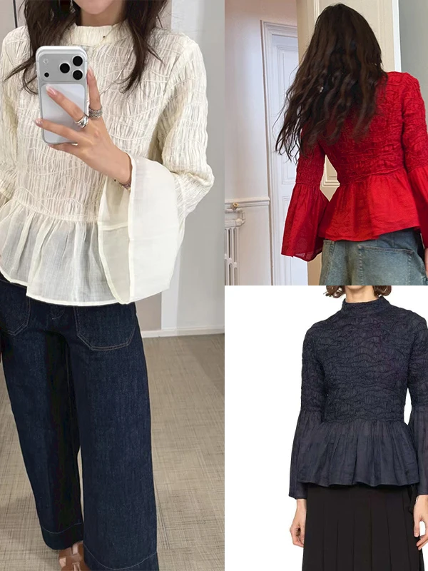 

Fashionable Textured Bell Sleeve Gathered Hem round Neck Overhead Top Women's Spring Summer New Arrival French Style Slim Fit...