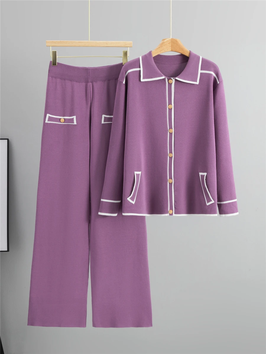 

Elegant Knitted Two-Piece Set for Women Commute Fashionable Turn-down Collar Warm Long Sleeve round Neck Sweater And Pants
