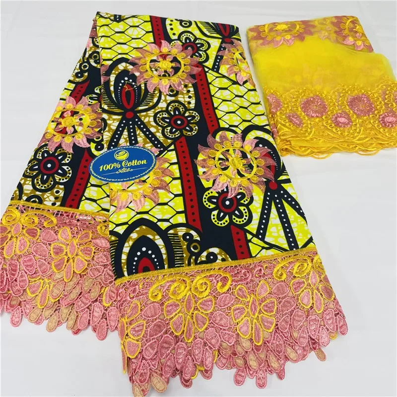 7 yard African Wax Brocade Lace Fabric Hight Qualiy 100% Cotton Ankara Wax Satin Print Lace Fabric For Woman Evening Dresses KL1