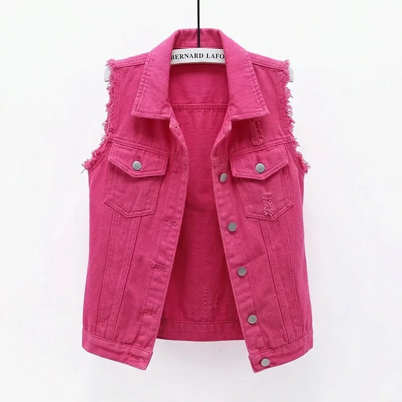 Candy Color Denim Vest Women Spring Summer Orange Khaki Rough Edge Sleeveless Jacket Female Casual Tops Waistcoat Chaleco Mujer