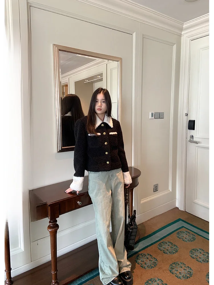 

YOKLASS Цветное короткое пальто для женщин, осенне-зимнее, новое, высококачественное, модное, с длинными рукавами, отложным воротником, топ