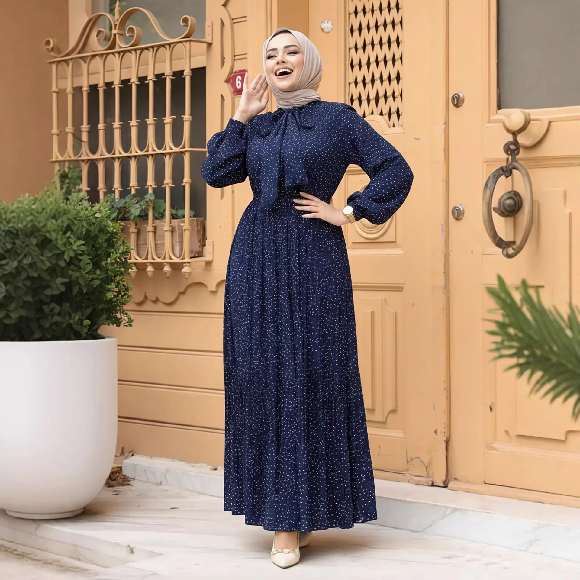 

New Middle East Polka Dots Muslim Dresses Women Pleated Jalabiya Dubai Abaya Turkey Kaftan Eid Ramadan Robe Femme Vestidos Gown