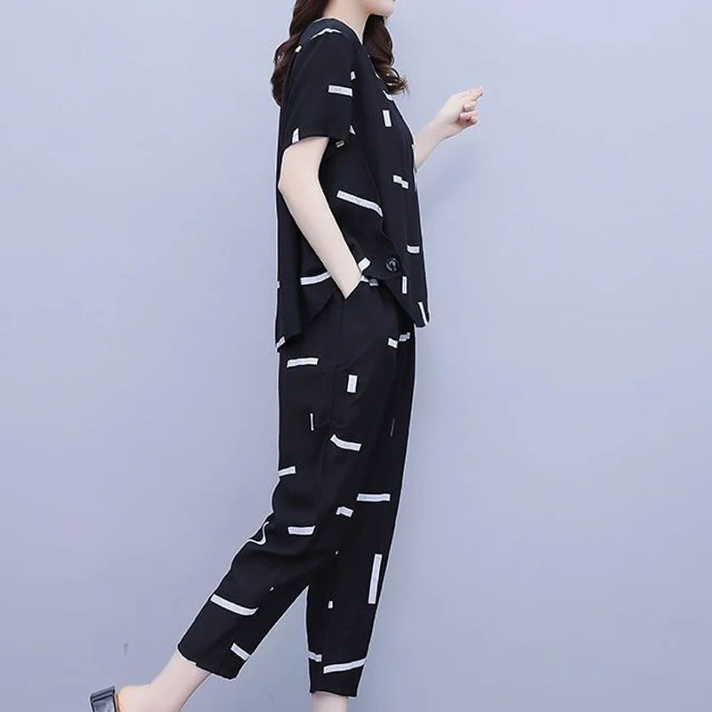 Summer New Fashion Ladies Suits High Street Round Neck Short Sleeve T-Shirts and Elastic Waist Pocket Solid Color Haren Pants