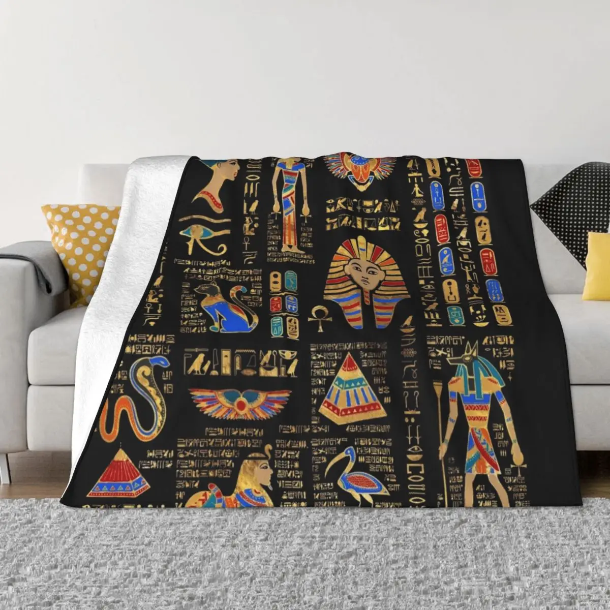 

Egyptian hieroglyphs and deities on black Throw Blanket Sofa Blankets Cute Blanket