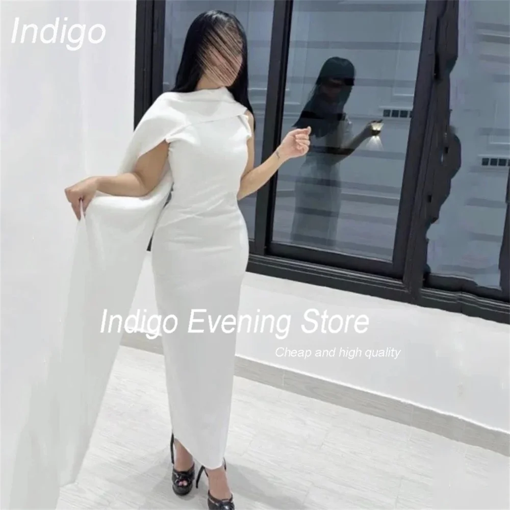 Indigo Mermaid Evening Dress O-Neck Crepe Ankle-Length Sleeveless Shawl Pleat Prom Gown Formal Occasion فساتين السهرة Customized