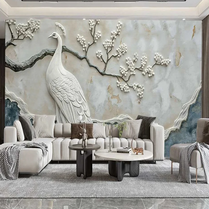 

European Style Mural Wallpaper Modern Plain Rice White Peacock Art Marble Texture Wall Painting Living Room Bedroom Sofa Decor