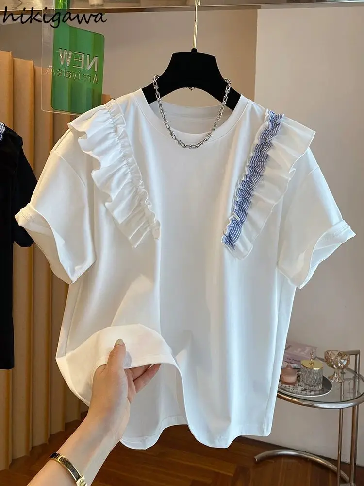 

Корейские белые футболки, женская одежда, милые футболки с оборками, 2025 Ropaa Mujer, с коротким рукавом и круглым вырезом, модные летние футболки, топы