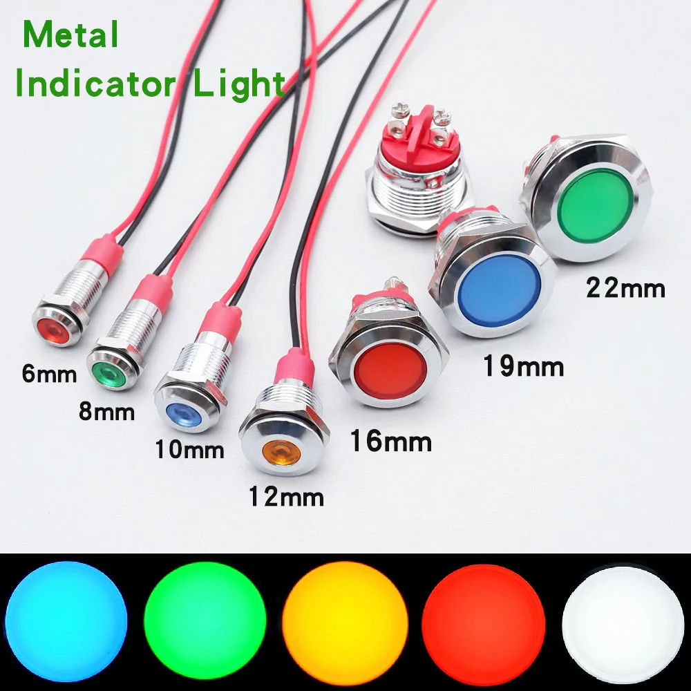 Metal LED Warning Indicator Light Signal Lamp 6/8/10/12/16/19/22mm Flat 3v 5v 6v 12v 24v 110v 220v Red Orange Green Blue White