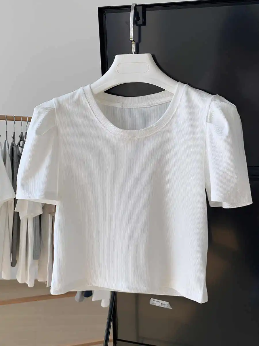 Sommer Französisch Blase Hülse T-shirt Frauen Rundhals Baumwolle Kurzarm Top Weibliche Elegante Einfache Weiche Weiße Tees