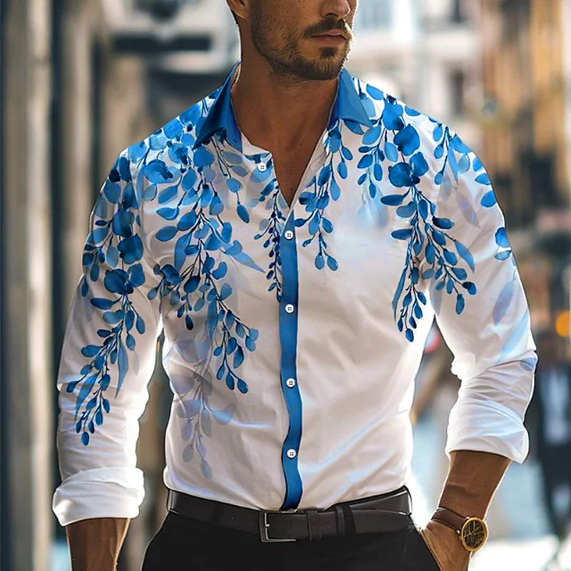 

Fashion 3D printed leaf shirt for men business daily wear casual wear autumn and winter collar long sleeved elastic fabric shirt